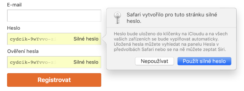 Stránka založení účtu, na které se zobrazuje automaticky vygenerované heslo a volby pro jeho odmítnutí nebo použití