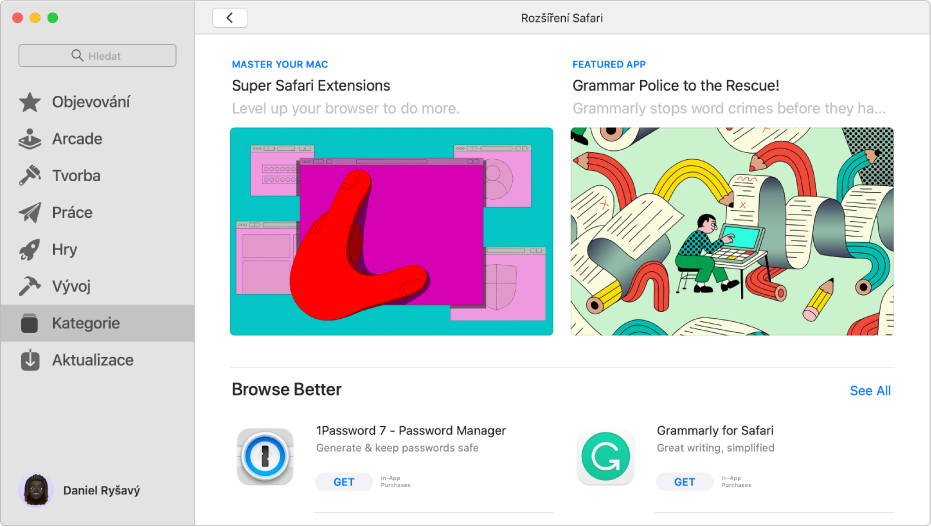 Hlavní stránka Mac App Storu. Boční panel nalevo obsahuje odkazy na různé oddíly obchodu, například Hry nebo Tvorba; je vybrána položka Kategorie. Napravo je vidět kategorie rozšíření Safari.