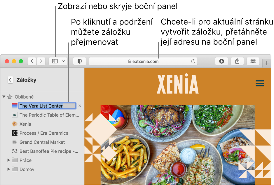 Okno Safari se záložkami na bočním panelu; jedna záložka je vybraná pro úpravy