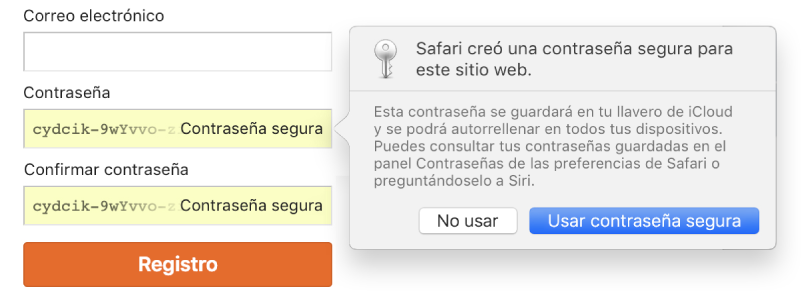 Página para crear una cuenta, mostrando una contraseña creada automáticamente y la opción de usarla o rechazarla.