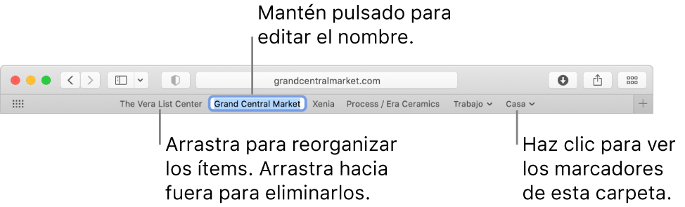 La barra de Favoritos con una carpeta de marcadores. Para editar un marcador o una carpeta de la barra, haz clic en ella y manténla pulsada. Si quieres reorganizar los ítems de la barra, arrástralos. Si quieres eliminar un ítem, arrástralo fuera de la barra.