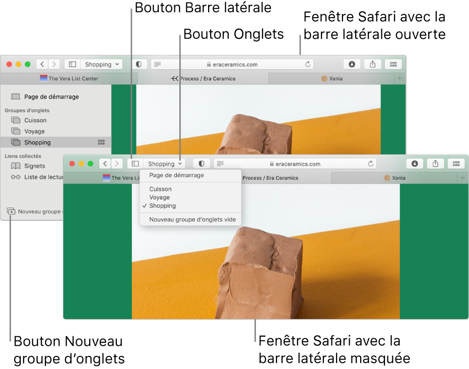 Groupes d’onglets dans deux fenêtres Safari. Une fenêtre montre les groupes d’onglets dans une liste sous la flèche vers le bas en regard du bouton de la barre latérale dans la barre d’outils. L’autre fenêtre montre les mêmes groupes d’onglets dans la barre latérale.