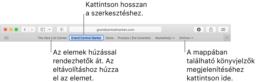 A Kedvencek sáv könyvjelzőket tartalmazó mappával. Ha a sávon egy könyvjelzőt vagy mappát szerkeszteni szeretne, kattintson rá, és tartsa lenyomva a gombot. A sávon lévő elemek átrendezéséhez húzza azokat. Egy elem eltávolításához húzza el azt a sávról.