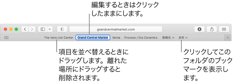 ブックマークフォルダを含むお気に入りバー。バーのブックマークまたはフォルダを編集するには、それをクリックしたままにします。バーの項目を並べ替えるには、ドラッグします。項目を削除するには、バーの外にドラッグします。