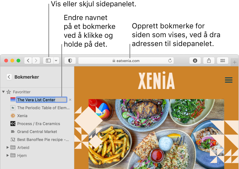 Et Safari-vindu med bokmerker i sidepanelet, hvor ett bokmerke er markert for redigering.