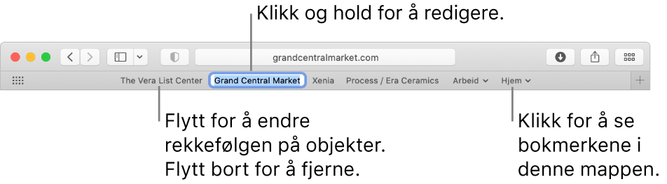 Favorittlinjen med en bokmerkemappe. Klikk og hold på et bokmerke eller en mappe i linjen for å redigere. Hvis du vil endre rekkefølgen på elementer i linjen, drar du dem rundt. Hvis du vil fjerne et element, drar du det bort fra linjen.