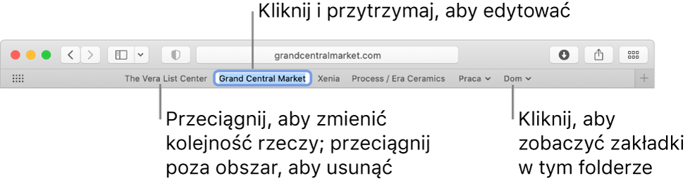 Pasek ulubionych z wieloma zakładkami oraz folderem zakładek na pasku. Aby edytować zakładkę lub katalog na pasku, kliknij i przytrzymaj dany element. Aby zmienić ułożenie elementów na pasku, przeciągnij je. Aby usunąć element, przeciągnij go poza obszar paska.