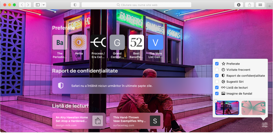 Pagina de pornire Safari afișând site‑urile web preferate, un rezumat al raportului de confidențialitate și opțiuni pentru pagina de pornire.
