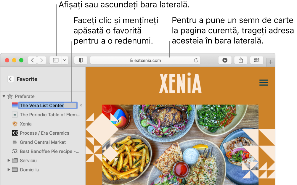 Fereastră Safari prezentând favoritele în bara laterală; o favorită este selectată pentru editare.