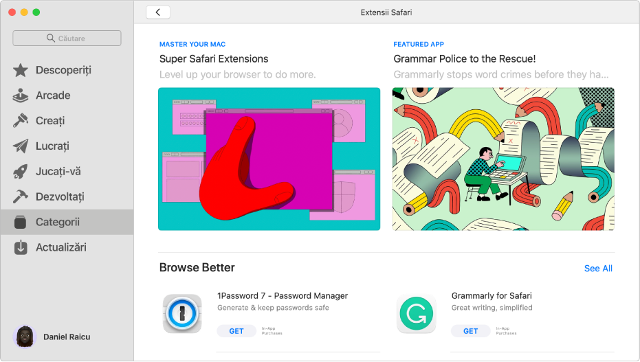 Pagina principală Mac App Store. Bara laterală din stânga include linkuri către diferite zone din Store, cum ar fi Arcade și Creați, și linkul Categorii este selectat. În dreapta se află categoria Extensii Safari.