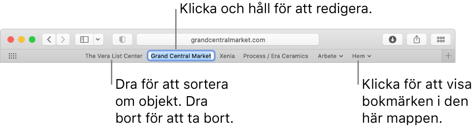 Favoritfältet med en bokmärkesmapp. Redigera ett bokmärke eller en mapp i fältet genom att klicka och hålla. Flytta objekten i fältet genom att dra dem. Ta bort ett objekt genom att dra ut det från fältet.