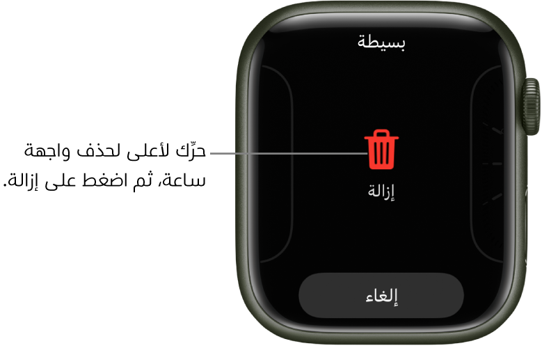 تعرض شاشة Apple Watch زري الإزالة والإلغاء، التي تظهر بعد تمريرك واجهة ساعة، ثم قم بالتحريك لأعلى عليه لحذفه.