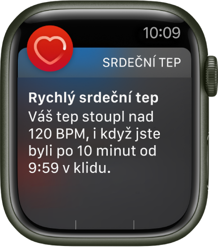 Obrazovka „Rychlý srdeční tep“ s oznámením, že váš tep překročil 120 BPM, ačkoli jste po dobu 10 minut nevyvíjeli fyzickou aktivitu