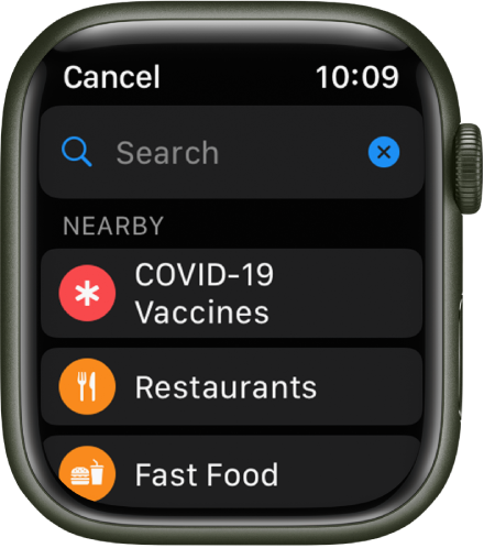 The Maps app Search screen showing the Search field near the top. Under Nearby are buttons for COVID-19 vaccines, restaurants, and fast food.