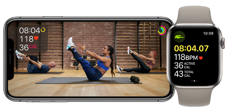 Fitness+ core workout on iPhone and Apple Watch, showing time remaining, heart rate, and calories burned.