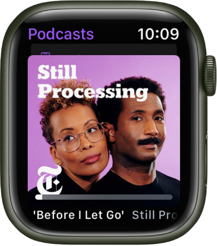 The Podcasts app on Apple Watch shows podcast artwork. Tap the artwork to play the episode.