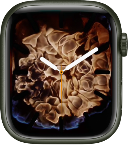 The Fire and Water watch face showing an analog clock in the middle and fire around it.