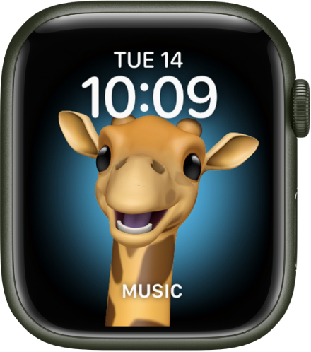 The Memoji watch face, where you can adjust the Memoji character and a bottom complication. Tap the display to animate the Memoji. The date and time are at the top and the Music complication is at the bottom.