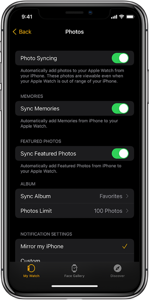 Photos settings in the Apple Watch app on iPhone, with the Photo Syncing setting in the middle, and Photos Limit setting below that.