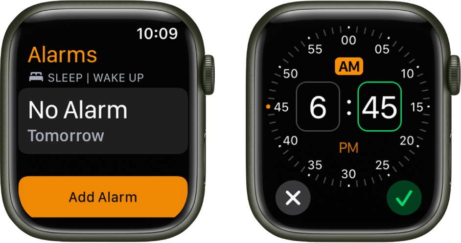 Two watch screens showing the process for adding an alarm: Tap Add Alarm, tap AM or PM, turn Digital Crown to adjust the time, then tap Set.