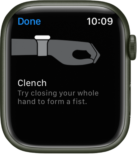 An AssistiveTouch training screen, showing how to do the Clench gesture.