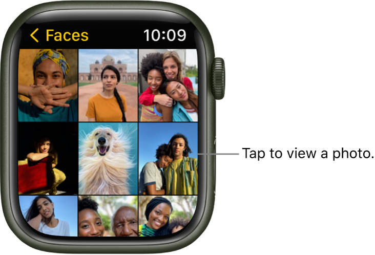 The main screen of the Photos app on Apple Watch, with several photos displayed in a grid.