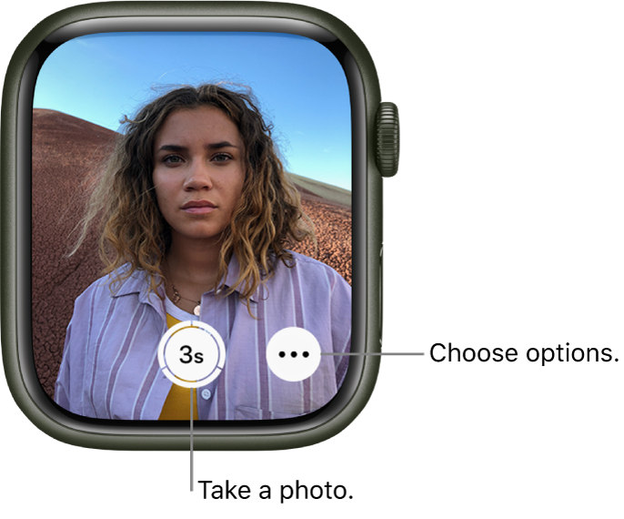 While being used as a camera remote, the Apple Watch screen shows what’s in the iPhone camera’s view. The Take Picture button is bottom center with the More Options button to its right. If you’ve taken a photo, the Photo Viewer button is at the bottom left.