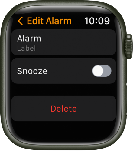 Edit Alarm screen, with the Delete button at the bottom.