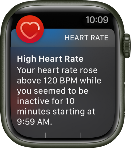 Kuvas High Heart Rate on märguanne selle kohta, et südame pulsisagedus tõusis üle 120 löögi minutis, kui olite 10 minutit mitteaktiivne.