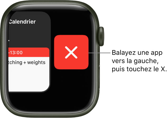 Dock après que vous avez balayé une app vers la gauche, avec le bouton X à droite.