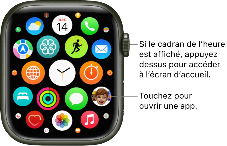 Écran d’accueil en présentation en grille sur l’Apple Watch, avec les apps disposées en grappe. Touchez une app pour l’ouvrir. Faites glisser pour afficher plus d’apps.