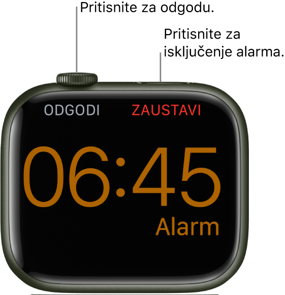 Apple Watch položen na bočnu stranu i prikazanim aktiviranim alarmom na zaslonu. Ispod Digital Crowna nalaze se riječi "Odgodi alarm". Riječ "Zaustavi" nalazi se ispod bočne tipke.