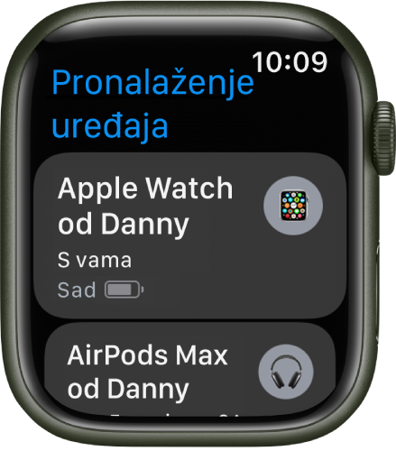 Aplikacija Pronalaženje uređaja s prikazom dvaju uređaja – Apple Watch i AirPods.