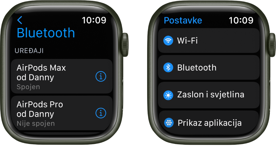 Dva zaslona jedan pored drugog. S lijeve strane nalazi se zaslon koji prikazuje dva dostupna Bluetooth uređaja: Slušalice AirPods Max koje su spojene i slušalice AirPods Pro koje nisu spojene. S desne se strane nalazi zaslon Postavki s prikazom tipki Wi-Fi, Bluetooth, Zaslon i svjetlina, Prikaz aplikacija na popisu.