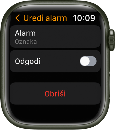 Uređivanje zaslona Alarma s tipkom za brisanje pri dnu zaslona.