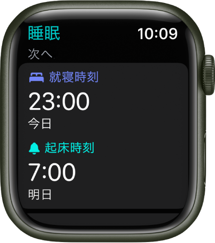 睡眠スケジュールが表示されている「睡眠」の画面。