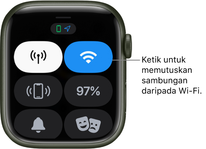 Pusat kawalan pada Apple Watch (GPS + Cellular), dengan butang Wi-Fi di bahagian kanan atas. Petak bual menunjukkan “Ketik untuk memutuskan sambungan daripada Wi-Fi.”