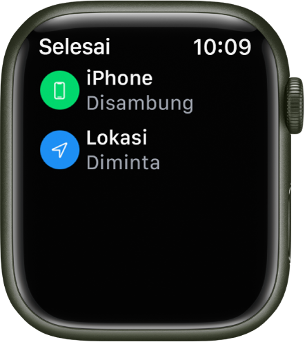 Butiran status menunjukkan yang iPhone disambungkan dan lokasi jam telah diminta.