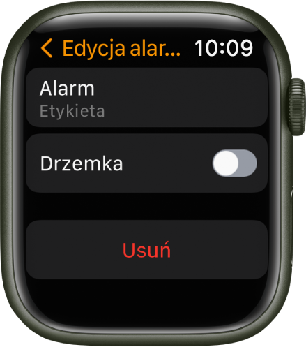 Ekran edycji alarmu ze znajdującym się na dole przyciskiem Usuń.