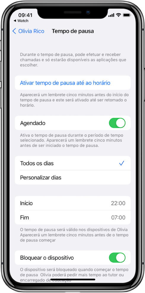 iPhone, com o ecrã de configuração de Tempo de pausa. Na parte superior está o manípulo “Agendado”. Mais abaixo estão as opções “Todos os dias”, e “Personalizar dias”. Está selecionada a opção “Todos os dias”. Os campos “Início” e “Fim” para as horas estão no meio do ecrã e o botão “Bloquear o dispositivo” encontra‑se junto à parte inferior.