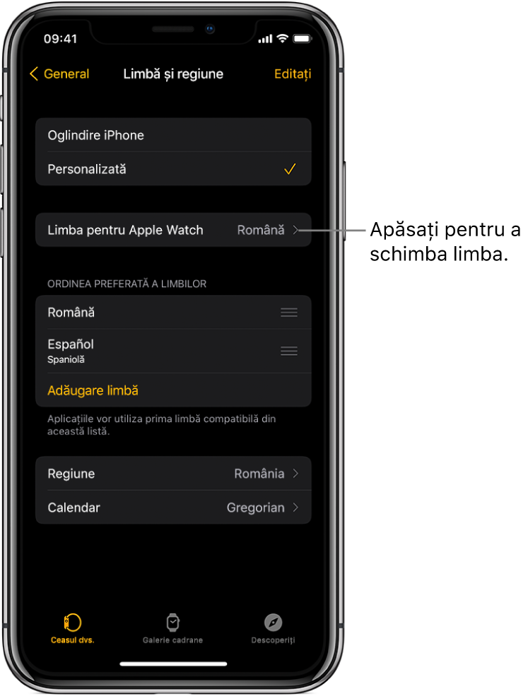 Ecranul Limbă și regiune din aplicația Apple Watch, cu configurarea Limba pentru Watch lângă partea de sus.