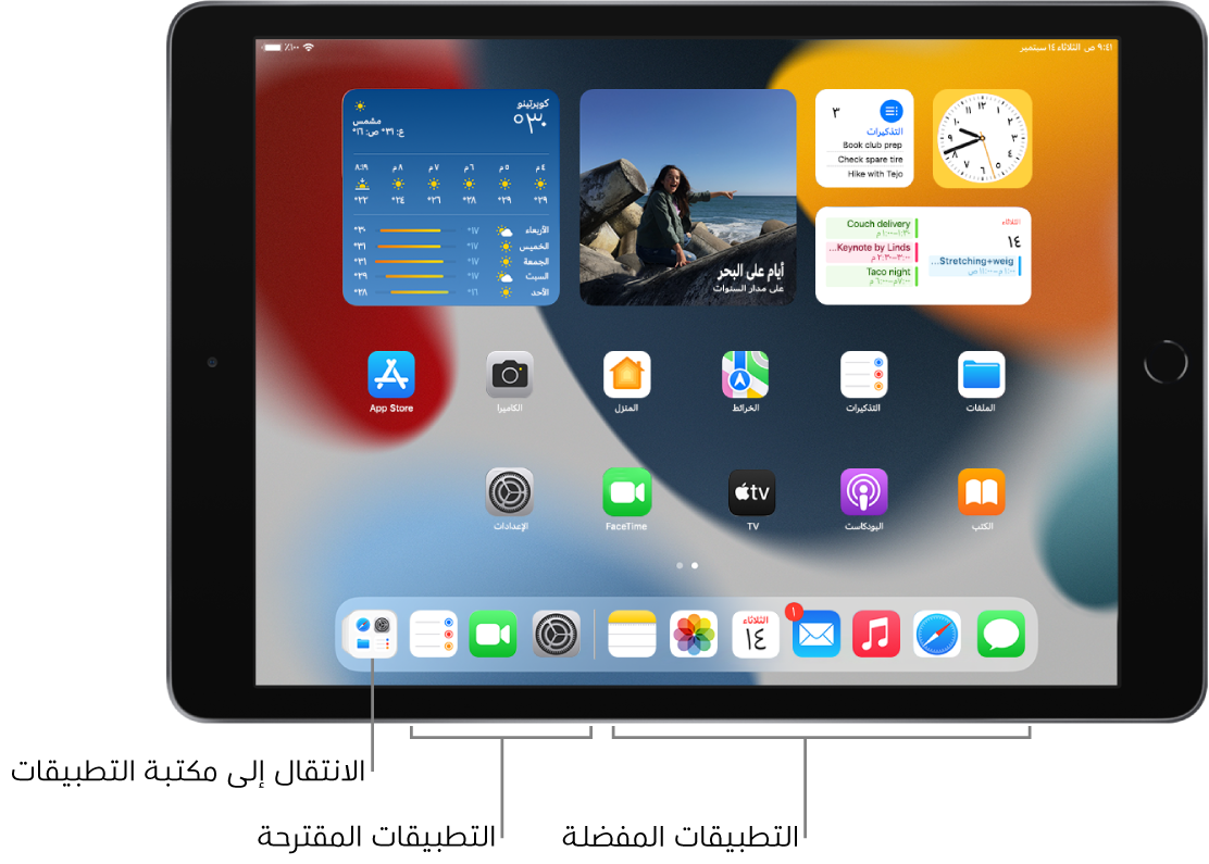 تعرض Dock خمسة تطبيقات مفضلة على اليمين وثلاثة تطبيقات مقترحة على اليسار. الأيقونة الموجودة في أقصى يسار Dock تفتح مكتبة التطبيقات.