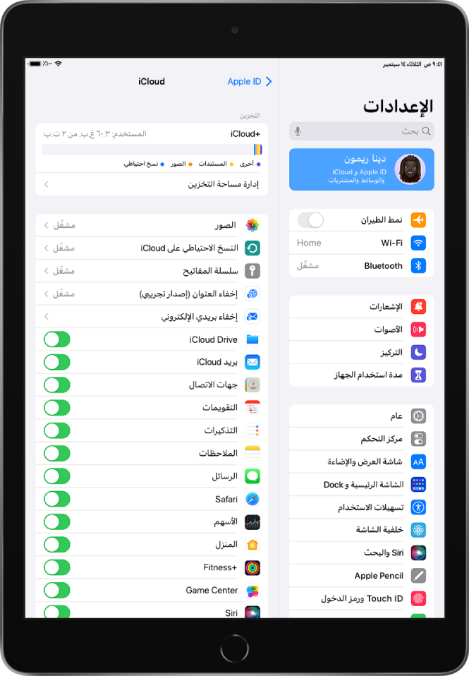 شاشة إعدادات iCloud ويظهر بها مقياس مساحة تخزين iCloud وقائمة من التطبيقات والميزات، مثل البريد وجهات الاتصال والرسائل، والتي يمكن استخدامها مع iCloud.