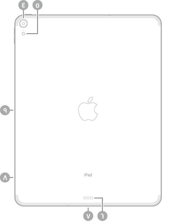 عرض للجزء الخلفي من iPad Pro مع وسائل شرح للكاميرا الخلفية والفلاش في أعلى اليسار، وموصل Smart Connector و USB-C في أسفل الوسط، وحامل SIM (في طرز Wi-Fi + Cellular) في أسفل اليسار، والموصل المغناطيسي لـ Apple Pencil على اليسار.