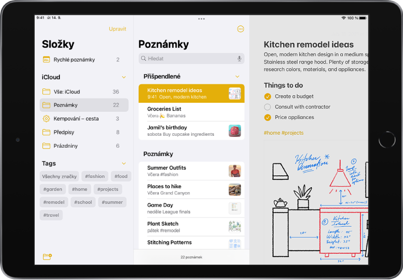 iPad v orientaci na šířku s otevřenou aplikací Poznámky. Na levé straně displeje se shora dolů zobrazují položky Složky, iCloud a Značky. Uprostřed horní strany obrazovky se nachází vyhledávací pole a za ním oddíly Přišpendlené a Poznámky. Na pravé straně obrazovky je vidět otevřená poznámka.