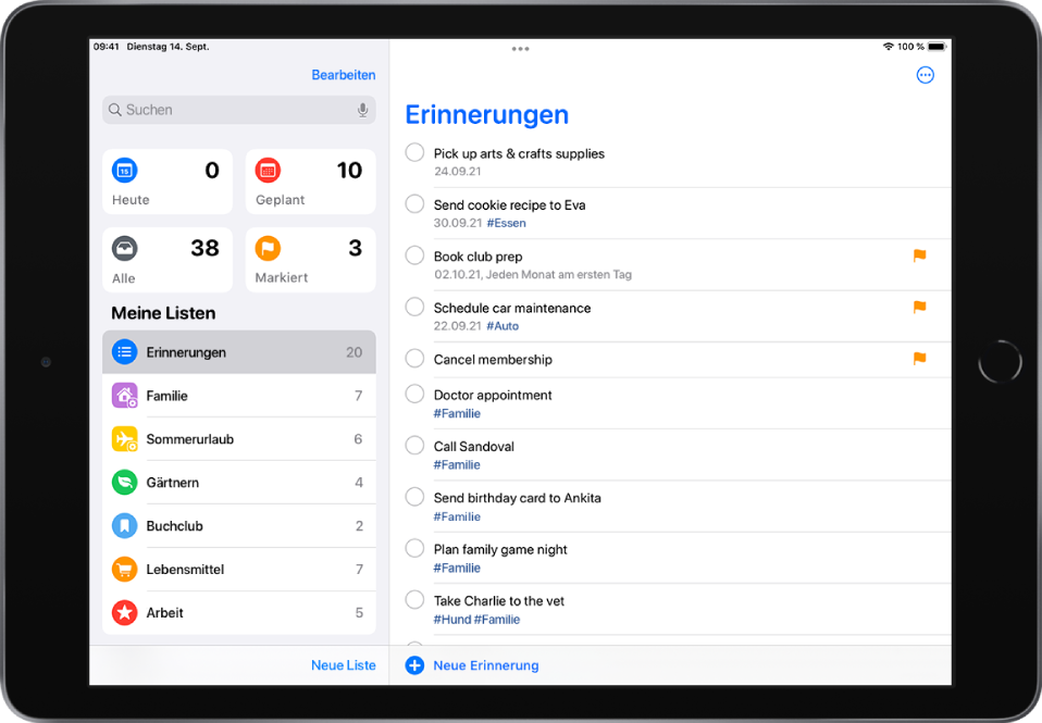 Der Bildschirm „Erinnerungen“ mit einer Liste mit Erinnerungen auf der linken Seite und einer Aufgabenliste auf der rechten Seite. Unten in der Mitte befindet sich die Taste „Neue Erinnerung“.