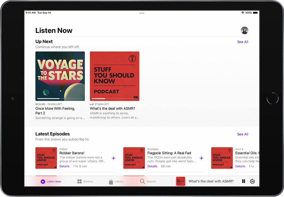 The Listen Now screen showing what’s coming up next and latest episodes from the shows you subscribe to.