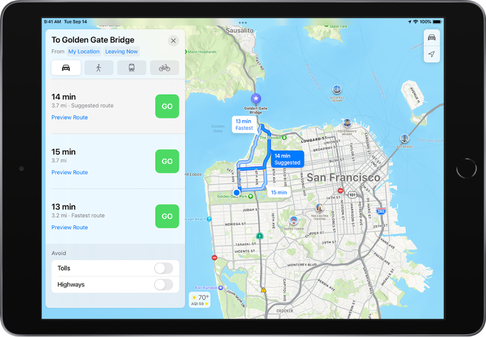 A map with several driving routes, each listed with a Go button in the route card on the left.