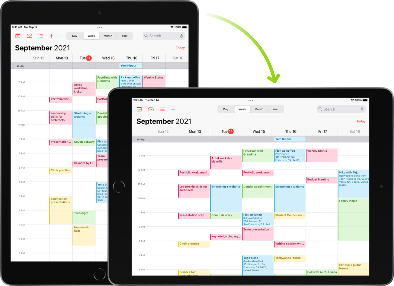 In the background, iPad displays a Calendar screen in portrait orientation; in the foreground, iPad is rotated and shows the Calendar screen in landscape orientation.