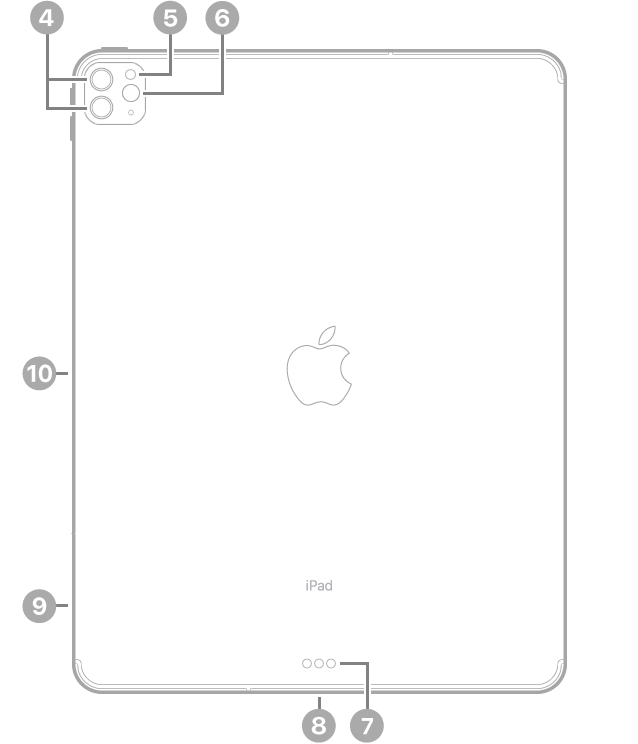 Vista posterior del iPad Pro con textos sobre las cámaras traseras y el flash en la parte superior izquierda, el Smart Connector y el conector USB-C en la parte inferior central, la bandeja de la tarjeta SIM (Wi-Fi + Cellular) abajo a la izquierda y el conector magnético para el Apple Pencil a la izquierda.